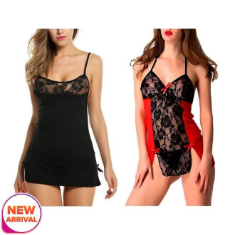 Set of 2 Women's Lingerie Net Solid Above knee Baby Doll With G String Panty Free Size Black and Red Color