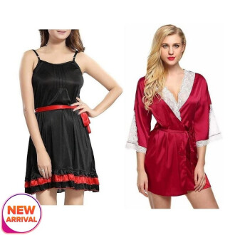 Set of 2 Women's Lingerie Net Solid Above knee Baby Doll With Robe Free Size Black and Maroon Color