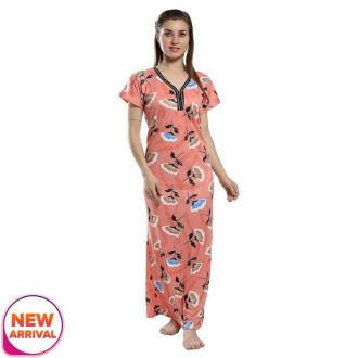 Cotton Printed Satin Maxi Nighty Full Length Free Size Orange Color