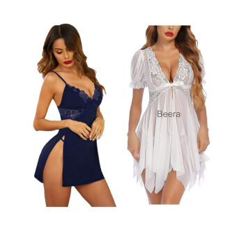 Combo Set of Cotton Women Lingerie Lace Chemise Sexy Nightgown Lace Sling Dress Sexy Babydoll Lingerie Honeymoon/First Night/Anniversary Free Size Navy Blue and White Color