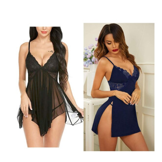 Combo Set of Nightwear Babydoll Lingerie for Women Women's Babydoll Nightwear for Honeymoon Babydoll Dress Honeymoon Lingerie Babydoll Lace Sleepwear Free Size Black and Navy Blue Color