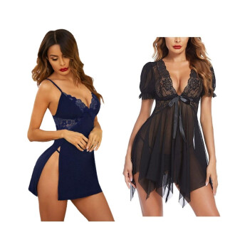 Combo Set of Cotton Women Lingerie Lace Chemise Sexy Nightgown Lace Sling Dress Sexy Babydoll Lingerie Honeymoon/First Night/Anniversary Free Size Navy Blue and Black Color
