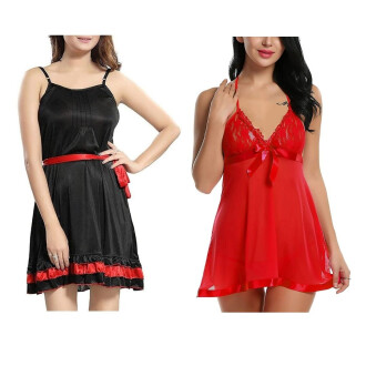 Set of 2 Women's Lingerie Net Solid Above knee Baby Doll With G String Panty and Robe Free Size Black and Red Color