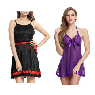 Set of 2 Women's Lingerie Net Solid Above knee Baby Doll With G String Panty and Robe Free Size Black and Purple Color