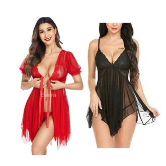 Sleepwear Womens Chemise Nightgown Full Lace Sling Dress Sexy Babydoll Lingerie With G-String Panty For Honeymoon/First Night/Anniversary Free Size Red and Black Color