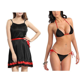 Combo Set of Sexy and Stylish Lingerie Babydoll with Robe and Bra panty set Black color