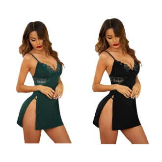 Combo Set of Cotton Women Lingerie Lace Chemise Sexy Nightgown Lace Sling Dress Sexy Babydoll Lingerie Honeymoon/First Night/Anniversary Free Size Green and Black Color