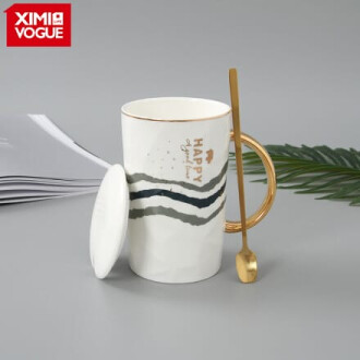 XimiVogue White Simple Style Ceramic Mug with Golden Handle And Gilded Steel Spoon