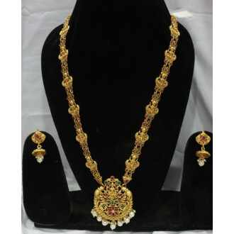 Ruby green stone God Laxmi design gold polish necklace set