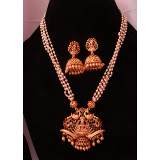 Gold Polish God Laxmi Desing ruby green pearl Pendant Set