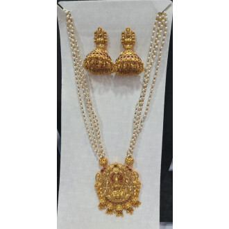 Gold Laxmi Desing Pendant ruby green moti Pendant Set