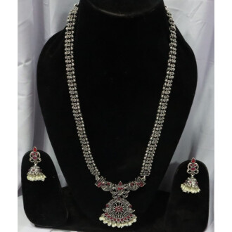 Temple Jewelry Design Long Oxidised Silver Necklace Set