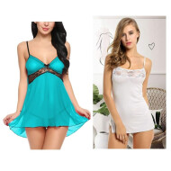 Combo set of Babydoll Lingerie with G String panty Free size Aqua and White color