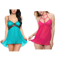 Combo set of Babydoll Lingerie with G String panty Free size Aqua and Rose Red color