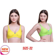 Set of 2 Women's Cotton Non-Padded Wirefree Bra with Demi Cups Size 32 Yellow and Green Color
