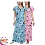 Combo of 2 Cotton Printed Satin Maxi Nighty Full Length Free Size Pink and Blue Color