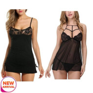 Set of 2 Women's Lingerie Net Solid Above knee Baby Doll With G String Panty Free Size Black Color