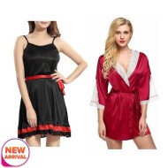 Set of 2 Women's Lingerie Net Solid Above knee Baby Doll With Robe Free Size Black and Maroon Color