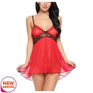 Women's Lingerie Polyamide Spandex Floral Above knee Baby Doll With G String Panty Free Size Red Color