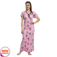 Cotton Printed Satin Maxi Nighty Full Length Free Size Pink Color