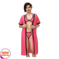 Combo Lingerie Set with Robe and Bikini Bra Panty Free Size Pink Color
