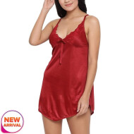 Satin Babydoll Nightwear Dress Babydoll Dress for Sexy Lingerie Nighty for Women Free Size Rose Red Color