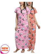 Combo of 2 Cotton Printed Satin Maxi Nighty Full Length Free Size Pink and Orange Color