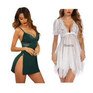 Combo Set of Cotton Women Lingerie Lace Chemise Sexy Nightgown Lace Sling Dress Sexy Babydoll Lingerie Honeymoon/First Night/Anniversary Free Size Green and White Color