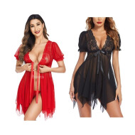 Combo Set of Sleepwear Womens Chemise Nightgown Full Lace Sling Dress Sexy Babydoll Lingerie With G-String Panty For Honeymoon/First Night/Anniversary Free Size Red and Black Color