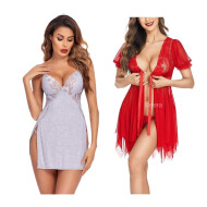 Combo Set of Cotton Women Lingerie Lace Chemise Sexy Nightgown Lace Sling Dress Sexy Babydoll Lingerie Honeymoon/First Night/Anniversary Free Size Grey and Red Color
