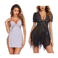 Combo set of Cotton Women Lingerie Lace Chemise Sexy Nightgown Lace Sling Dress Sexy Babydoll Lingerie Honeymoon/First Night/Anniversary Free Size Grey and Black Color