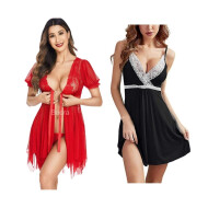 Combo Set of Sleepwear Womens Chemise Nightgown Full Lace Sling Dress Sexy Babydoll Lingerie With G-String Panty For Honeymoon/First Night/Anniversary Free Size Red and Black Color