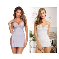 Combo Set of Cotton Women Lingerie Lace Chemise Sexy Nightgown Lace Sling Dress Sexy Babydoll Lingerie Honeymoon/First Night/Anniversary Free Size Grey and White Color