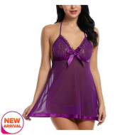 Women Lingerie Mini Lace Babydoll Nightwear Mesh Sleepwear with G-String Panty Free Size Purple Color