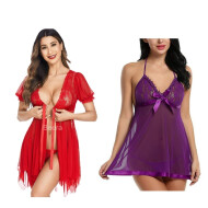 Combo set of Sleepwear Womens Chemise Nightgown Full Lace Sling Dress Sexy Babydoll Lingerie With G-String Panty For Honeymoon/First Night/Anniversary Free Size Red and Purple Color
