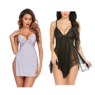 Combo Set of Cotton Women Lingerie Lace Chemise Sexy Nightgown Lace Sling Dress Sexy Babydoll Lingerie Honeymoon/First Night/Anniversary Free Size Grey and Black Color