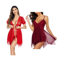 Sleepwear Womens Chemise Nightgown Full Lace Sling Dress Sexy Babydoll Lingerie With G-String Panty For Honeymoon/First Night/Anniversary Free Size Red Color