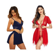 Combo Set of Cotton Women Lingerie Lace Chemise Sexy Nightgown Lace Sling Dress Sexy Babydoll Lingerie Honeymoon/First Night/Anniversary Free Size Navy Blue and Red Color