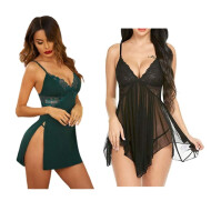 Combo set of Cotton Women Lingerie Lace Chemise Sexy Nightgown Lace Sling Dress Sexy Babydoll Lingerie Honeymoon/First Night/Anniversary Free Size Green and Black Color