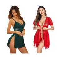 Combo Set of Cotton Women Lingerie Lace Chemise Sexy Nightgown Lace Sling Dress Sexy Babydoll Lingerie Honeymoon/First Night/Anniversary Free Size Green and RedColor