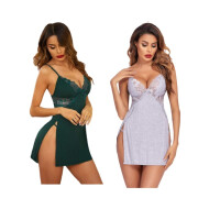 Combo set of Cotton Women Lingerie Lace Chemise Sexy Nightgown Lace Sling Dress Sexy Babydoll Lingerie Honeymoon/First Night/Anniversary Free Size Green and GreyColor
