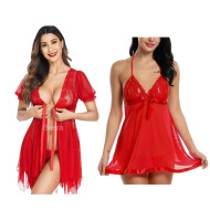 Combo Set of Sleepwear Womens Chemise Nightgown Full Lace Sling Dress Sexy Babydoll Lingerie With G-String Panty For Honeymoon/First Night/Anniversary Free Size Red Color