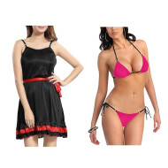 Combo Set of Sexy and Stylish Lingerie Babydoll with Robe and Bra panty set Black and Pink color
