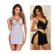 Combo set of Cotton Women Lingerie Lace Chemise Sexy Nightgown Lace Sling Dress Sexy Babydoll Lingerie Honeymoon/First Night/Anniversary Free Size Grey and Black Color