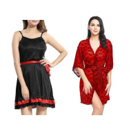 Set of 2 Women's Lingerie Net Solid Above knee Baby Doll With Robe Free Size Black and Red Color