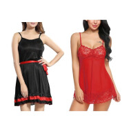 Set of 2 Women's Lingerie Net Solid Above knee Baby Doll With G String Panty and Robe Free Size Black and Red Color