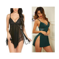 Combo Set of Nightwear Babydoll Lingerie for Women Women's Babydoll Nightwear for Honeymoon Babydoll Dress Honeymoon Lingerie Babydoll Lace Sleepwear Free Size Black and Green Color