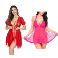 Combo Set of Sleepwear Womens Chemise Nightgown Full Lace Sling Dress Sexy Babydoll Lingerie With G-String Panty For Honeymoon/First Night/Anniversary Free Size Red and Pink Color