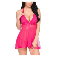 Women's Polyamide, Spandex & Lace Plain Above knee Baby Doll With G-String Panty Free Size Pink Color