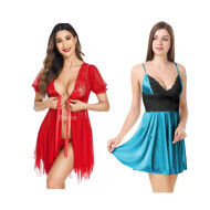 Combo set of Sleepwear Womens Chemise Nightgown Full Lace Sling Dress Sexy Babydoll Lingerie With G-String Panty For Honeymoon/First Night/Anniversary Free Size Red and Green Color
